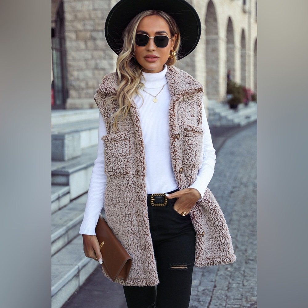Collared Neck Fuzzy Teddy Sherpa Button Down Vest Sleeveless Mid Long Jacket
